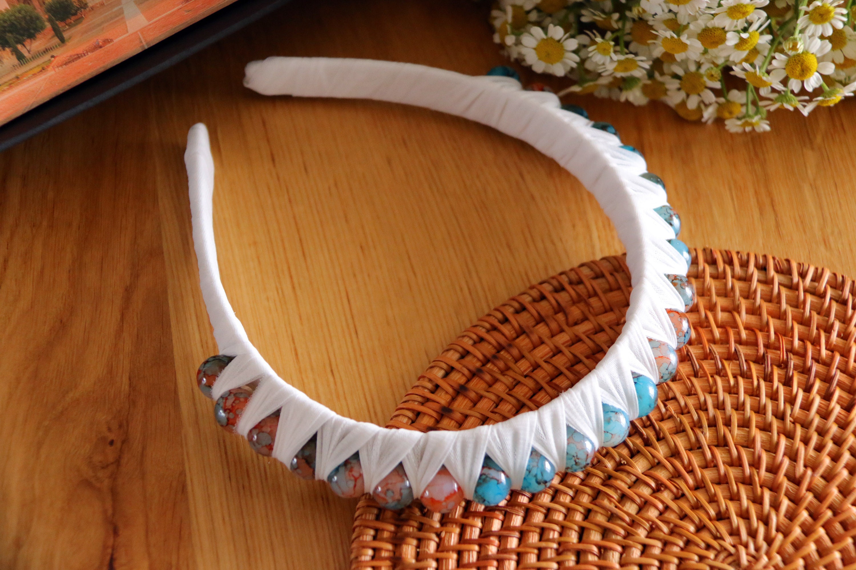 Beaded Chiffon Headband: Blue-orange Glass Bead Crown - Etsy display picture 1