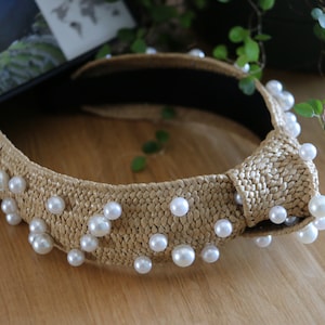 Pearls Decorated Top Knot Straw Headband,Raffia Knotted Headband With Pearls,Straw Weaving Headband With Big Pearls,Boho Straw Knot Headband