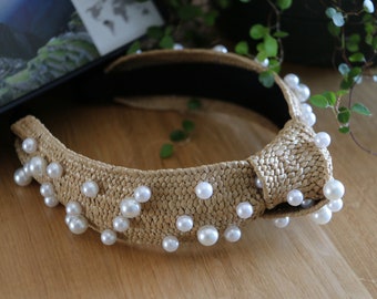 Pearls Decorated Top Knot Straw Headband,Raffia Knotted Headband With Pearls,Straw Weaving Headband With Big Pearls,Boho Straw Knot Headband