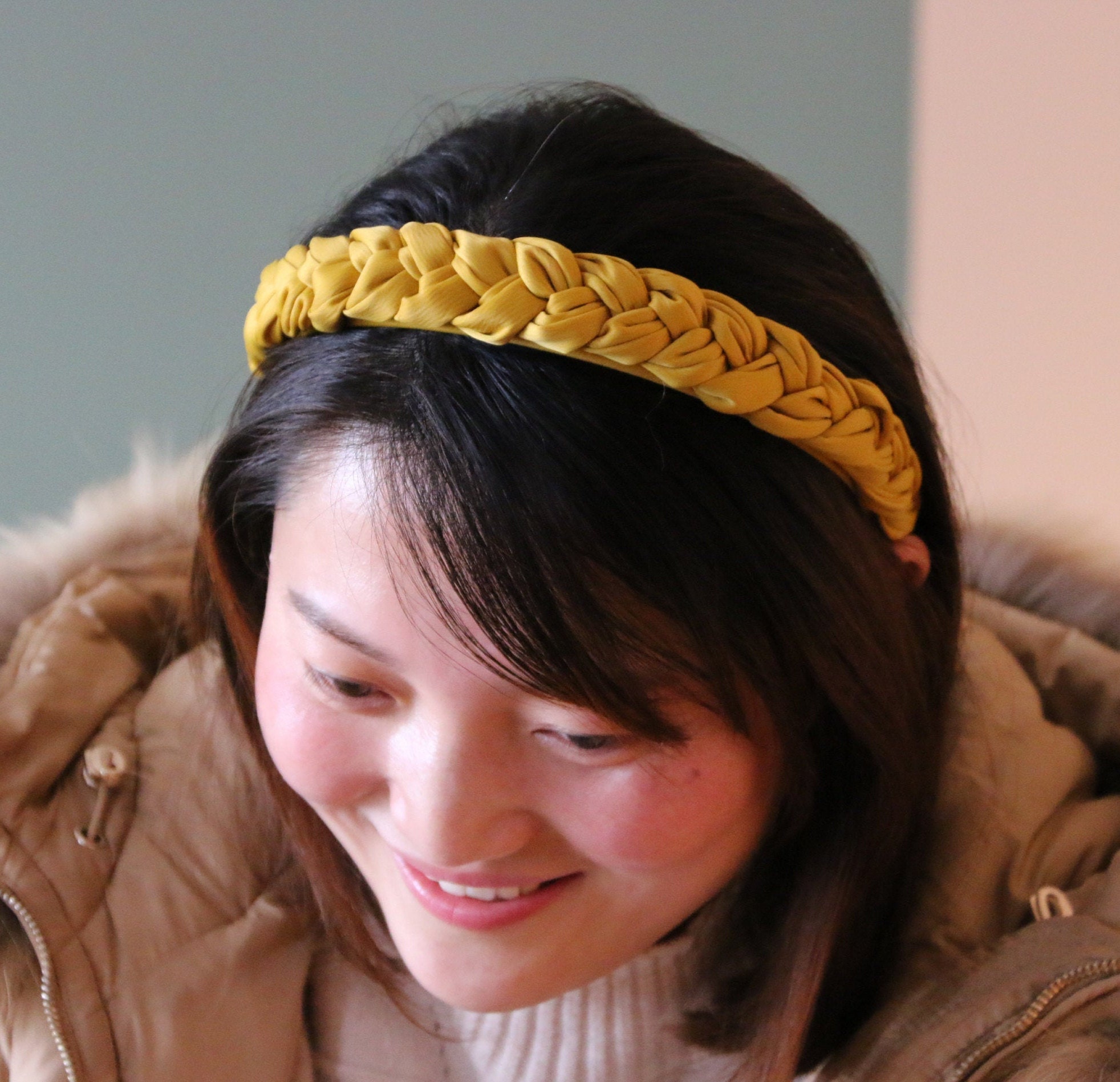 Mustard Yellow Braided Satin Headband Elegant Hair Accessory Braided Mustard Velvet Headband - Bonitas Satin Bonnet main image 3