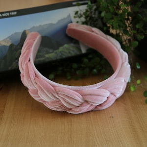 Pink velvet braided headband,Braided hairband with wide frame,Solid women headband,Velvet padded headband,Winter velvet wide headband