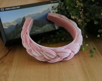 Pink velvet braided headband,Braided hairband with wide frame,Solid women headband,Velvet padded headband,Winter velvet wide headband