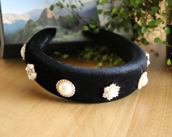 Solid velvet padded headband with pearls and rhinestones,Black thick velvet headband,Pearls&Rhinestones embellished velvet hair band