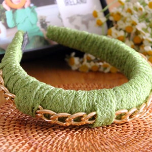 Chiffon wrapped pad headband embellished gold chain,Padded head bands,4 colors chiffon headbands for women,Stylish spring women headbands Green