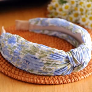 Floral pleated headband,Pleated top knot headband,Blue floral headband with knot,Stylish women hair band,Sweet ruched headband for women