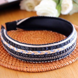 Black Sequin Headband,Boho/Gypsy Style Headband,Black Bead Headband,Shiny Headband,Bling Headband,Women Headband With ribbon,Alice Band