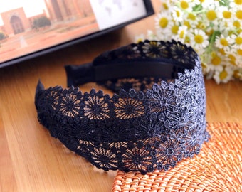 Extra wide lace flat headband,3 colors floral lace headband for women,Non-slip headband,Black lace headband,Flat Lace embroidery headband