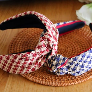 Top Knot Gingham Headband,Cotton Headband,Red Plaid Headband With Embroidery,Blue&White Check Headband With Knot,Red White Knotted Headband