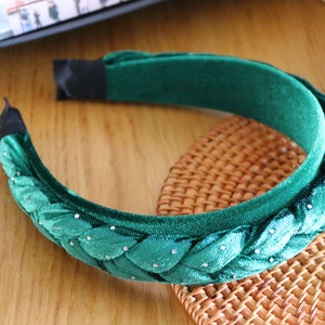 Green Velvet Braided Headband,Christmas Headband,Embellished Headband,Rhinestone Headband,Velvet Padded Headband,Shiny Velvet Headband
