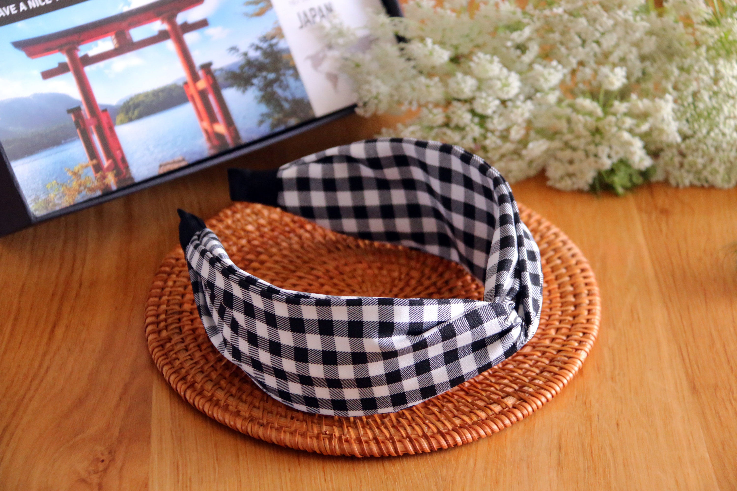 New Black & White courtly check headband Black and White Checkered Knotted Headband – The Happy  main image 2