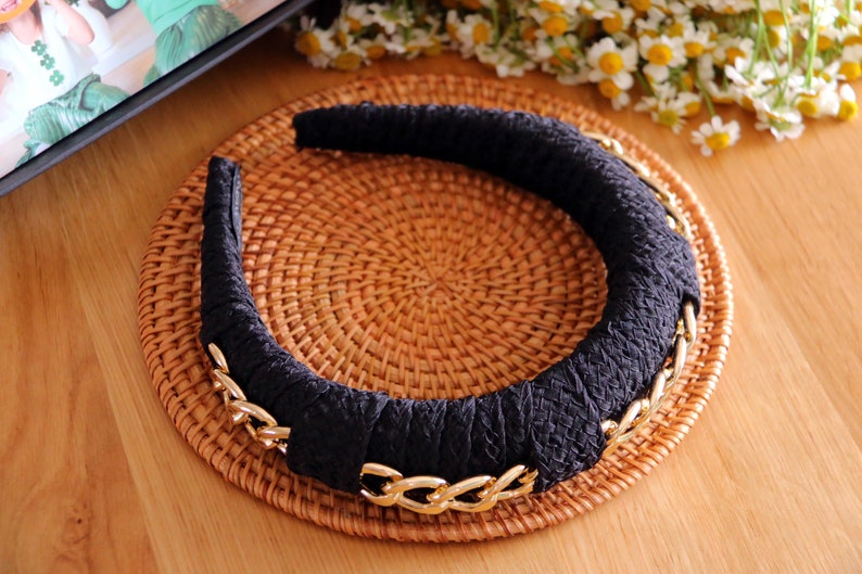 Chiffon wrapped pad headband embellished gold chain,Padded head bands,4 colors chiffon headbands for women,Stylish spring women headbands image 5