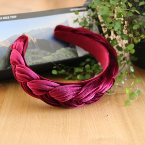 Wine velvet braided headband,Red braided hairband with wide frame,Solid women headband,Velvet padded headband,Wide plaited headband