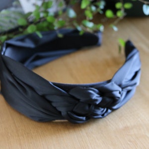 Black Satin Headband: Braided Side Knot, Wide Hair Band