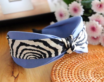 Zebra headband with front knot,Top knot wide headband,Blue muslin headband with black stripe,Wide hair band for women,Elegant women headband