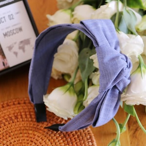 Blue Cotton Headband with Side Bowknot
