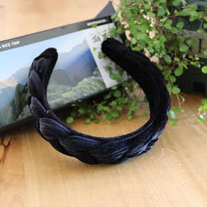 Black velvet braided headband,Braided hairband with wide frame,Solid women headband,Velvet padded headband,Stylish wide velvet headband