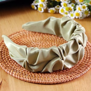 Green Satin Pleated Headband: Wide Ruched Headwear