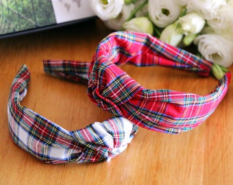 Christmas Plaid Headband,Top Knot Headband,Cotton Headband With Knot,Big Knot Headband,Gingham Headband,Wide Headband,Plaid Headpiece