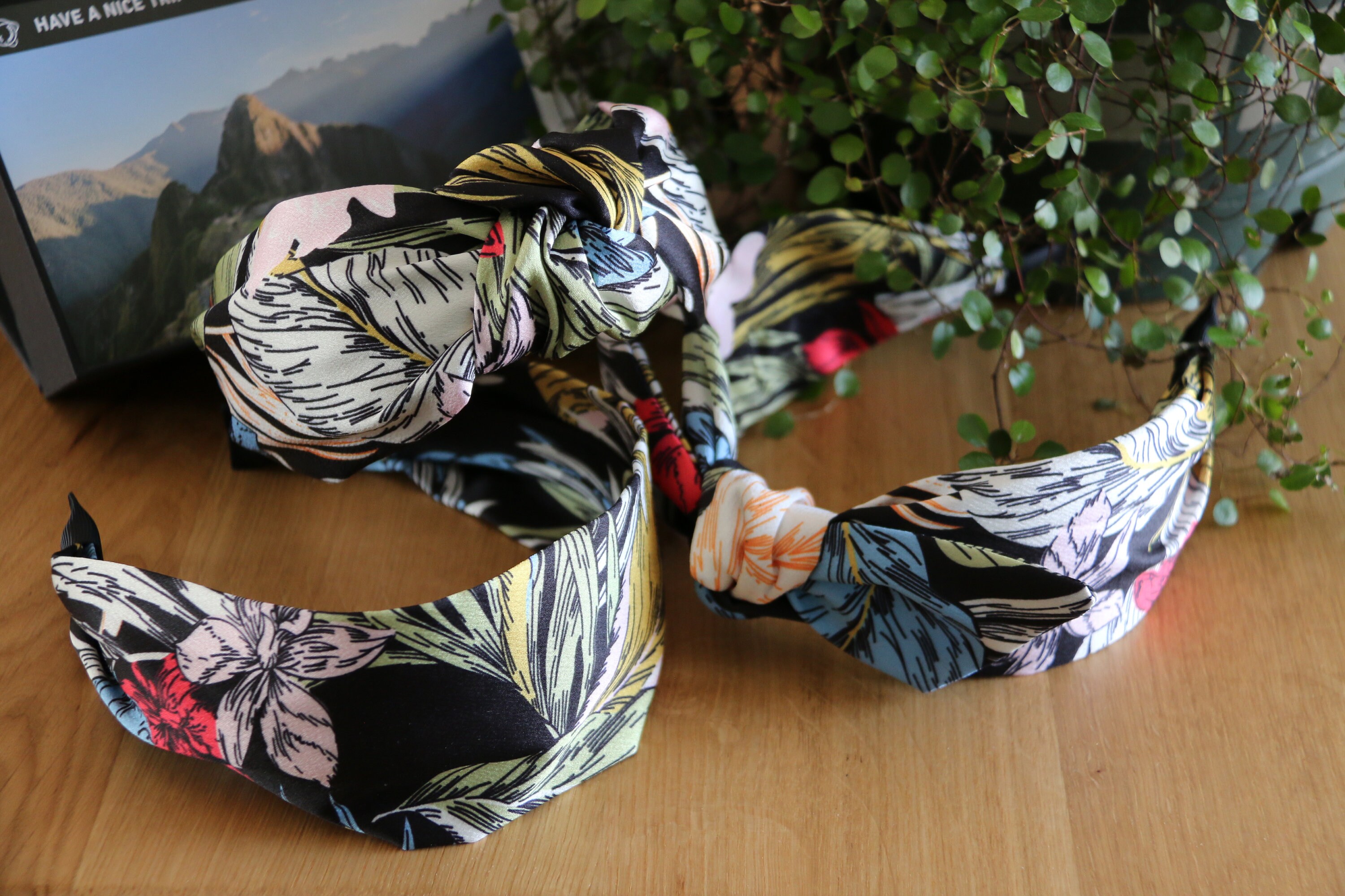 Knotted Top Headband Black Multicolor Floral Monogram Print Satin Hair Band Floral Knot Headbands | Floral Headbands | Twine and Love main image 3