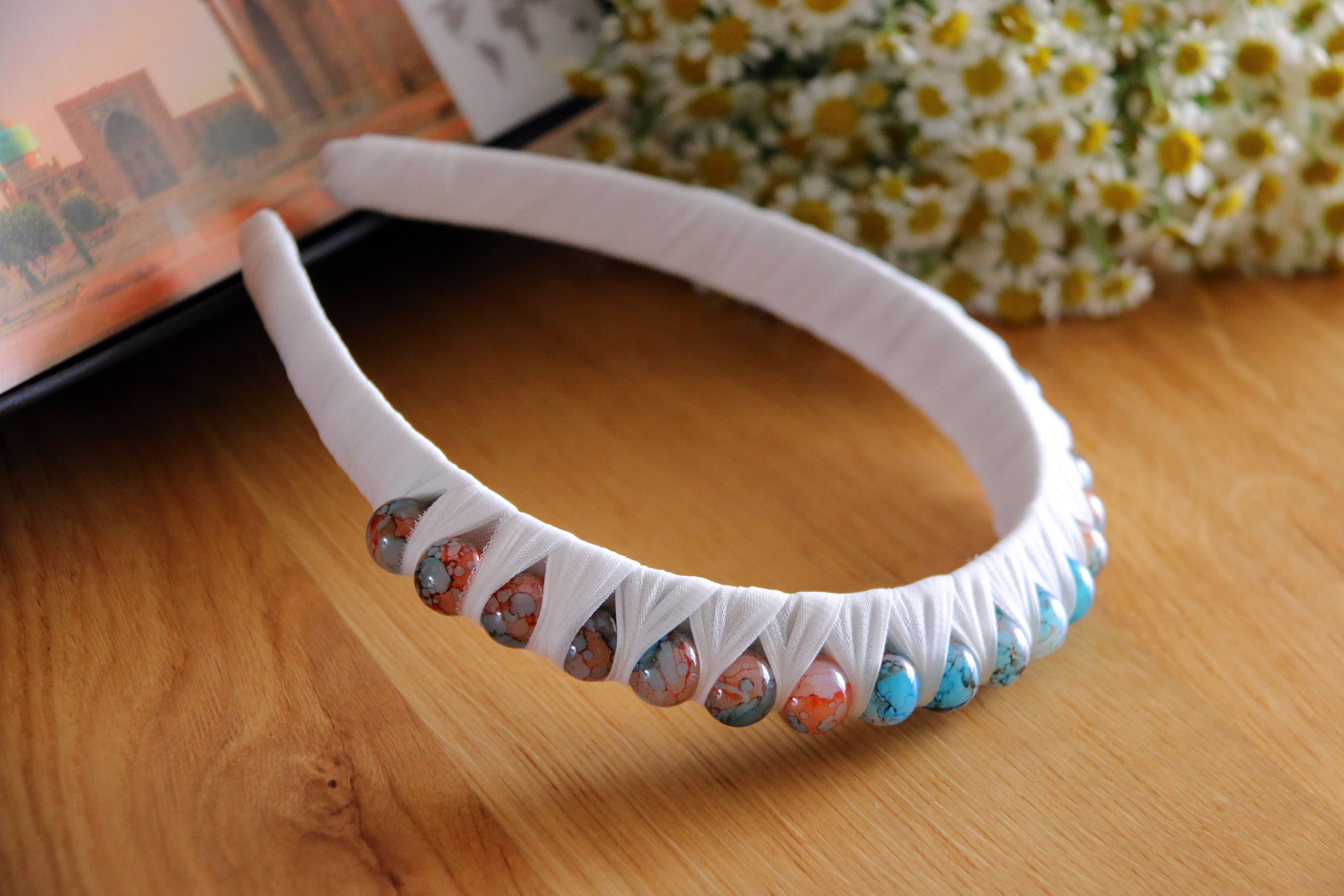 Beaded Chiffon Headband: Blue-orange Glass Bead Crown - Etsy display picture 3