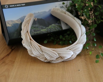 Beige velvet braided headband,Cream braided hairband with wide frame,Solid women headband,Velvet padded headband,Spanish style wide headband