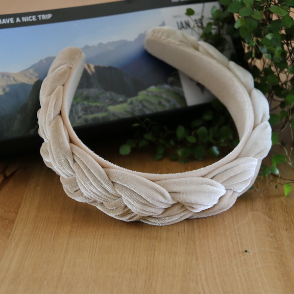 Beige fluwelen gevlochten hoofdband, crème gevlochten haarband met breed frame, solide vrouwen hoofdband, fluwelen gewatteerde hoofdband, Spaanse stijl brede hoofdband