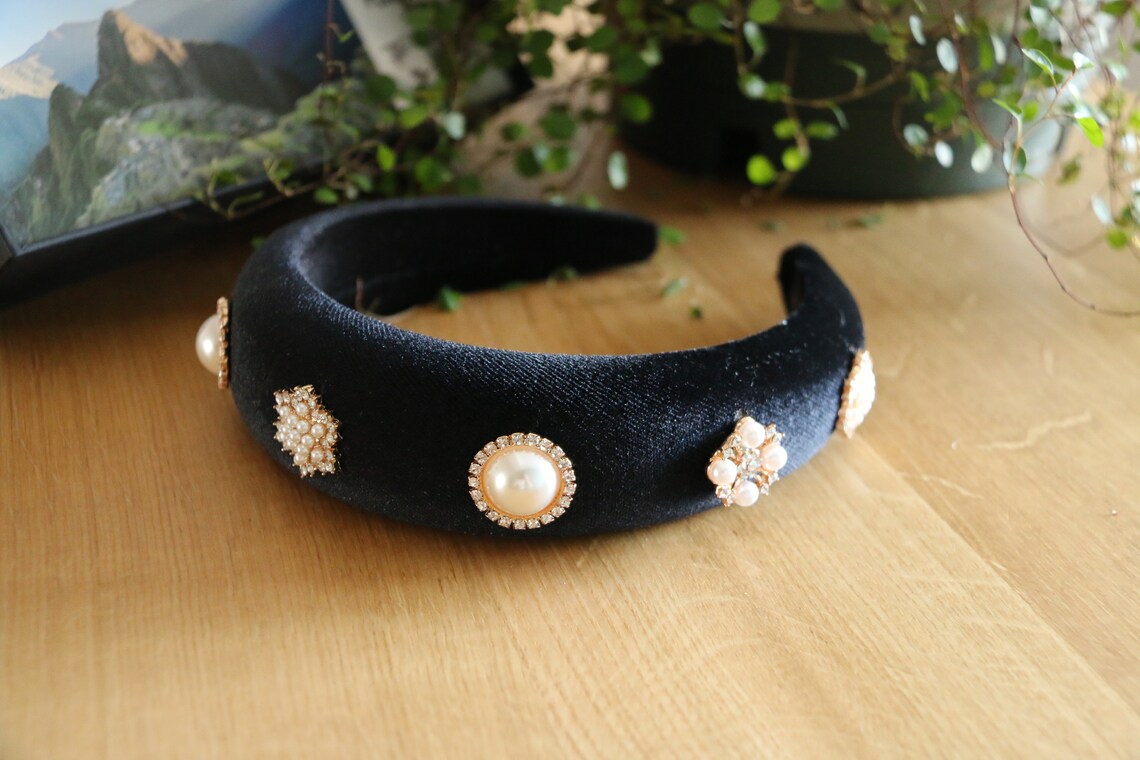 Solid Velvet Padded Headband With Pearls and Rhinestonesblack - Etsy