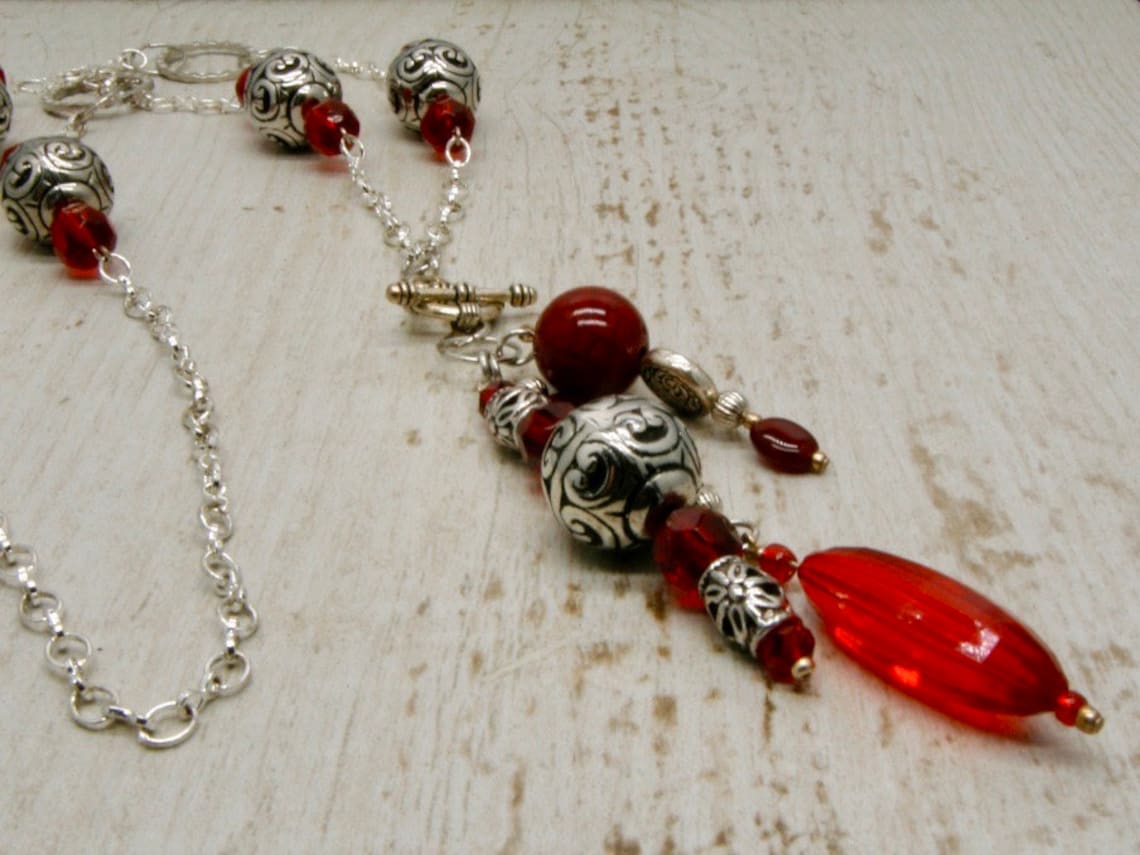 Women's red necklace/Red and Silver pendant necklace/long Etsy