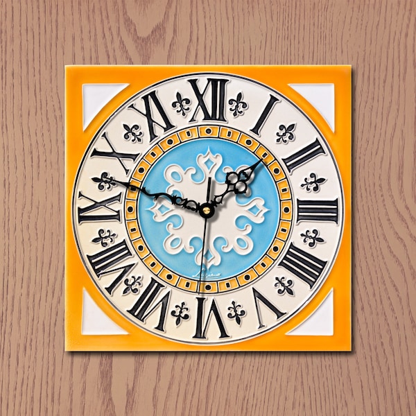 Creazioni Luciano, WALL CLOCK "CAPRI piazzetta", Wall Clock (cm 20 x 20) (8"x8") in Ceramic relief, Handmade in Italy.