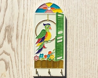 Creazioni Luciano, Wall Keychain / Key Holder PARROT, (cm 10 x 20) in Ceramic relief, Handmade in Italy.