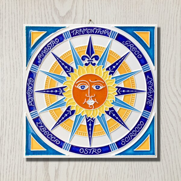 Luciano Creations, WIND ROSE Sun, Compass Rose Sun (25 x 25 cm) (10"x10") in relief ceramic, Handmade in Italy