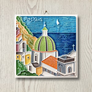 Creazioni Luciano, POSITANO, Italy Landscape Souvenir (cm 10x10) (4"x4") in Relief Ceramic, Handmade in Italy.