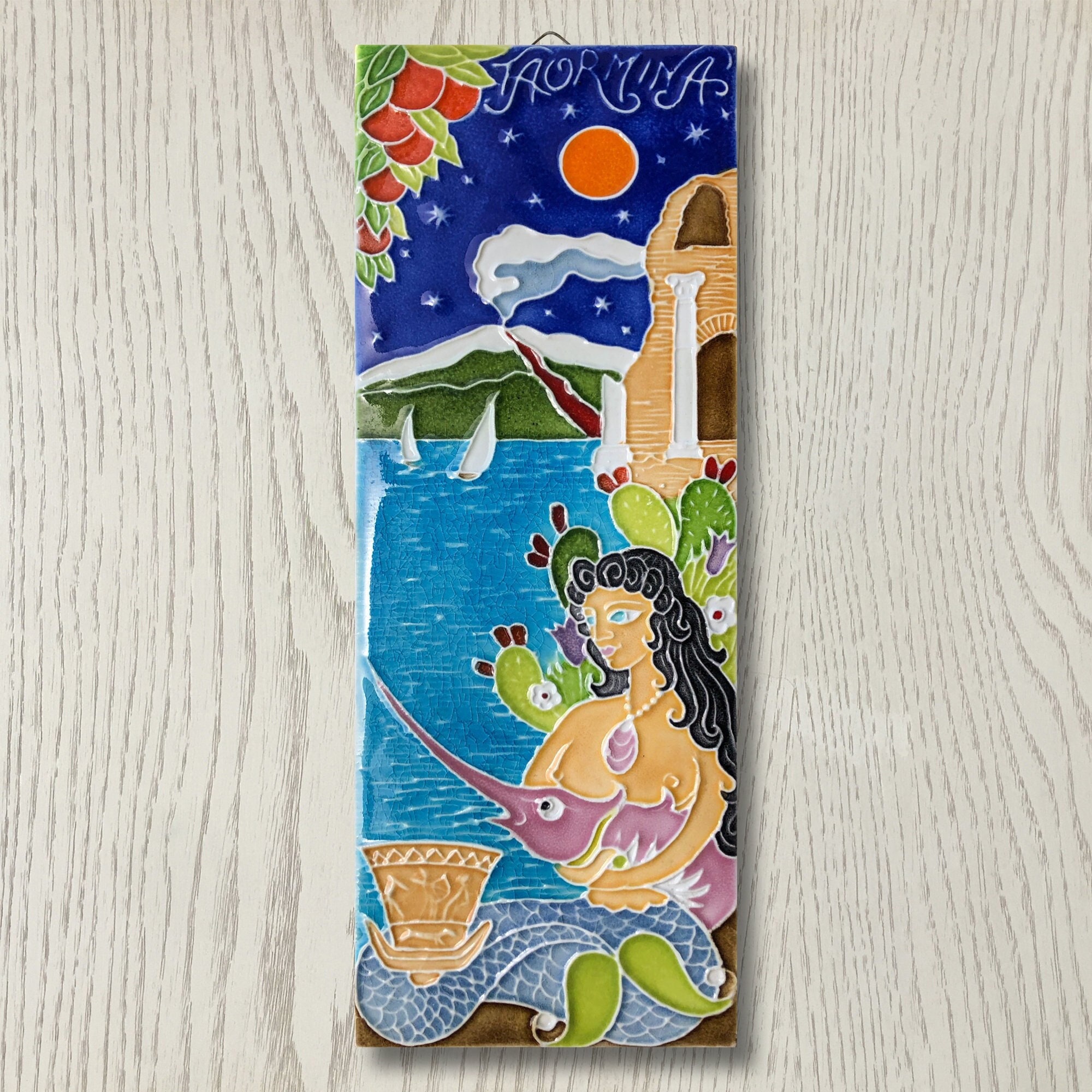 Luciano Creations, TAORMINA, Sicily, Italy Landscape Souvenir (cm 10x30) (4"x11") in Relief Ceramic, Handmade in Italy.