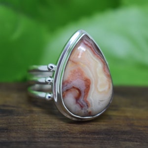 Crazy Lace Agate Ring, 925 Sterling Silver, Pear Gemstone Ring, Natural Gemstone, Triple Band Ring, Can Be Personalized, Gift For Wife