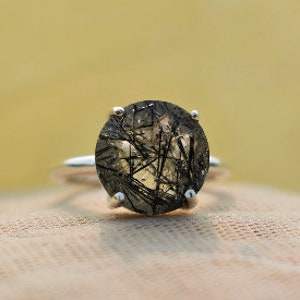 Simple Rutilated Quartz Ring, 925 Sterling Silver, Black Rutile Ring, Black Color Gemstone, Round Gemstone Jewelry, Silver Jewelry, Boho