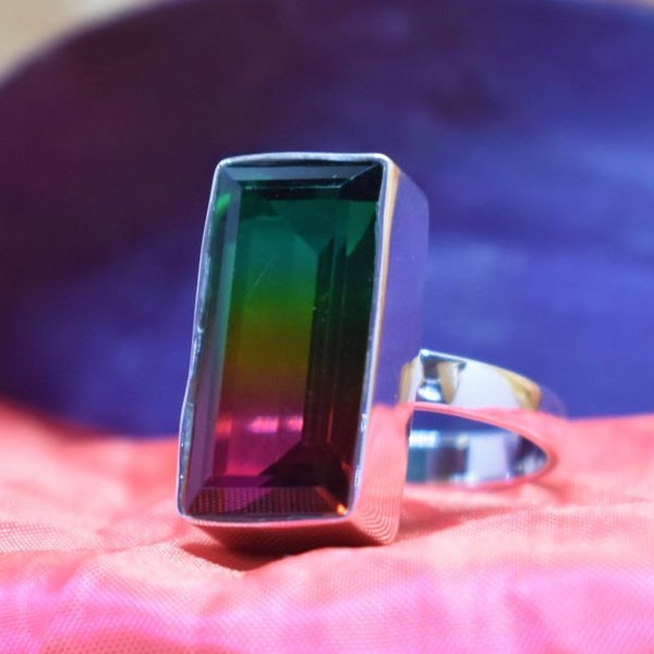 Natural Watermelon Tourmaline Ring, Watermelon Quartz Jewelry, Simple Band Ring, Statement Ring, Rectangle Gemstone, 925 Sterling Silver