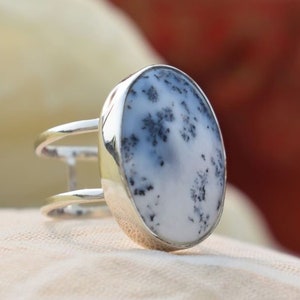 Dendritic Opal Silver Ring, Dendritic Agate Ring, Natural Stone Ring, Bezel Setting, Oval Ring, Boho ring, Double Band, Statement Ring, Gift