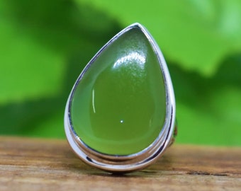 Artisan Nephrite Jade Ring, Pear Gemstone, Green Jade, Luck Ring, Sale, Christmas Gift, Silver Ring, Made for Her, Handmade Ring