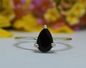 Pear Black Onyx Ring, Black Onyx Ring, 925 Sterling Silver Ring, Prong Setting, Handmade Ring, Statement Ring, Halloween Jewelry, 925 Silver