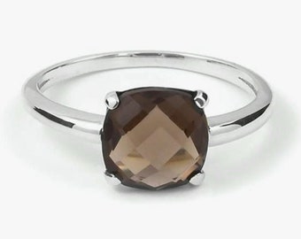 Faceted Smoky Quartz Ring, 925 Sterling Silver, Cushion Gemstone Shape, Brown Color Genstone, 4 Prong Setting, Sale, Christmas Gift