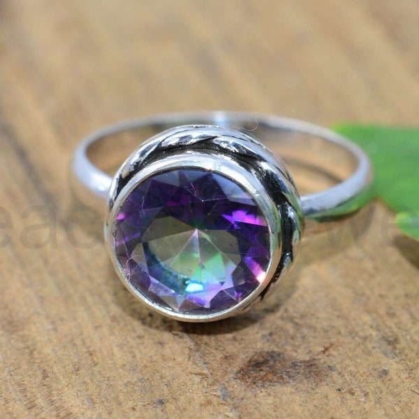 Mystic Topaz Ring, 925 Sterling Silver, Dainty Ring, Round Gemstone, Statement Ring, Rainbow Gemstone, Faceted Gemstone, Women Jewelry