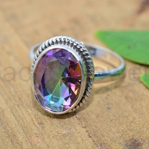 Mystic Topaz Ring, 925 Sterling Silver, Faceted Gemstone Ring, Twisted Bezel, Statement Ring, Engagement Ring, Rainbow Gemstone, Boho Ring