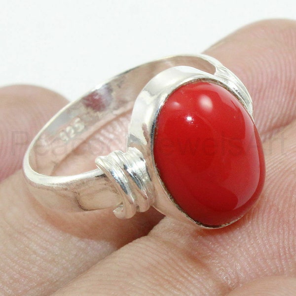 Vintage Style Reconstructed Red Coral Sterling Silver Ring - .925 Silver Oval Statement Ring