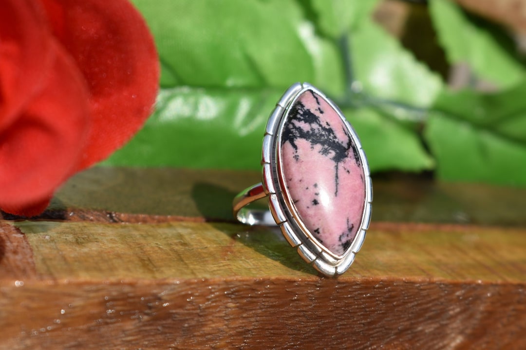 Womens Rhodonite Ring, Natural Gemstone Ring, Marquise Rhodonite ...