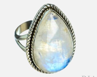 Moonstone Ring, Moonstone Jewelry, Sterling Silver Ring, Pear Ring, Artisan, Boho, Statement Ring, Designer Ring, Christmas Sale, Split Band