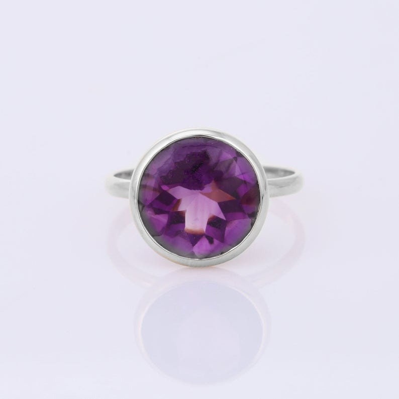 Purple Amethyst Ring Sale Christmas Gift Single Band Ring Ready To Ship Statement Ring Simple Amethyst Ring Round Gemstone Ring