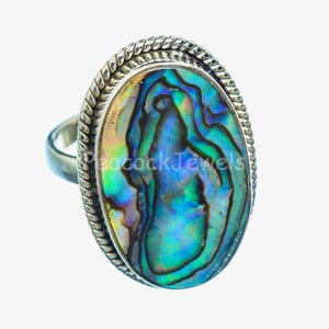 Abalone Shell Ring, 925 Sterling Silver, Oval Gemstone Jewelry, Blue Color Gemstone, Handmade Ring, Silver Gemstone Ring, Artisan Ring, Gift