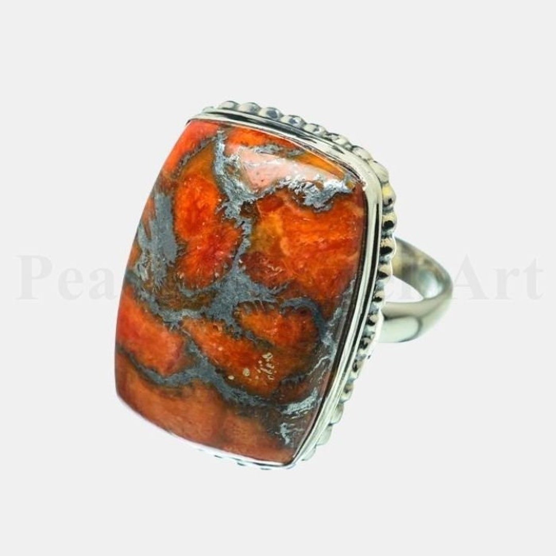 Orange Turquoise Ring, 925 Sterling Silver, Cushion Gemstone, Simple Band Ring, Statement Ring