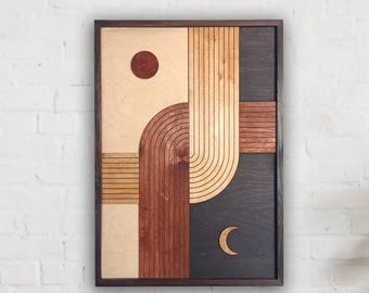 Sun and Moon Wood Wall Art, Mid-Century Modern Wooden Mosaic