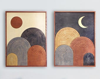 Set di decorazioni murali in legno Boho Sole e Luna – Arredamento moderno di metà secolo